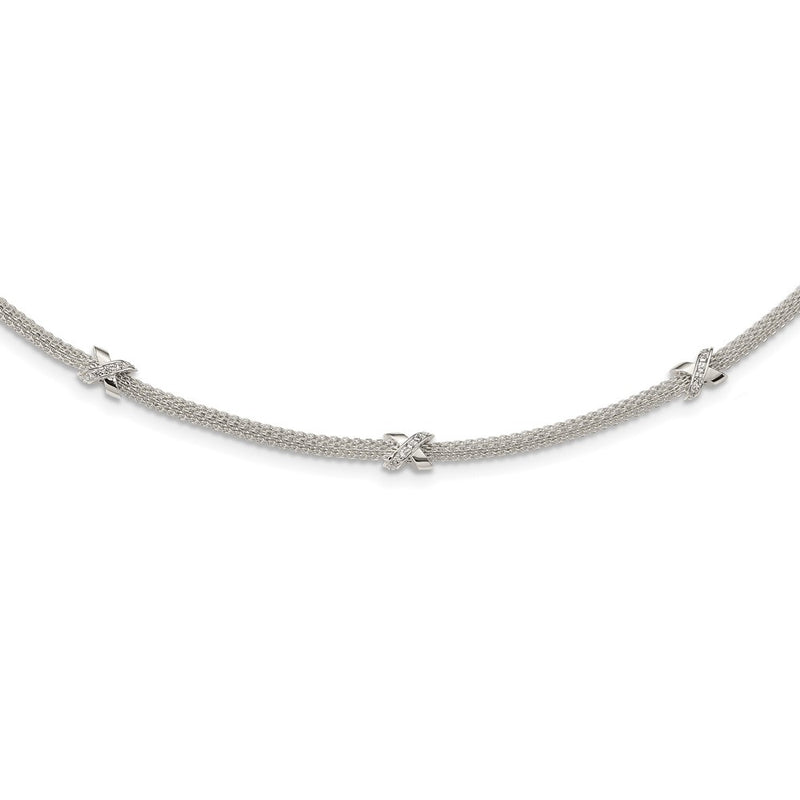 Sterling Silver Polished Cz Xs W/ 2In Ext. Necklace