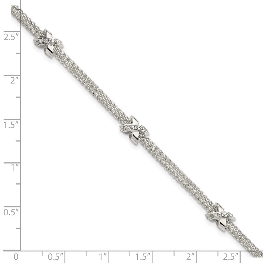 7.25 Inch Sterling Silver Rhodium-Plated Polished Cz Xs W/ 1In Ext Bracelet