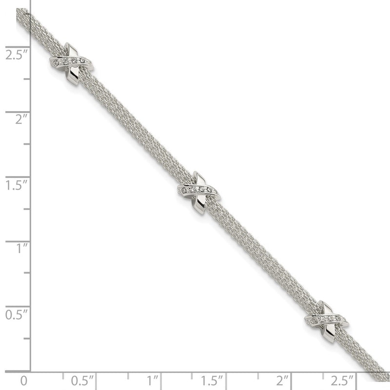7.25 Inch Sterling Silver Rhodium-Plated Polished Cz Xs W/ 1In Ext Bracelet