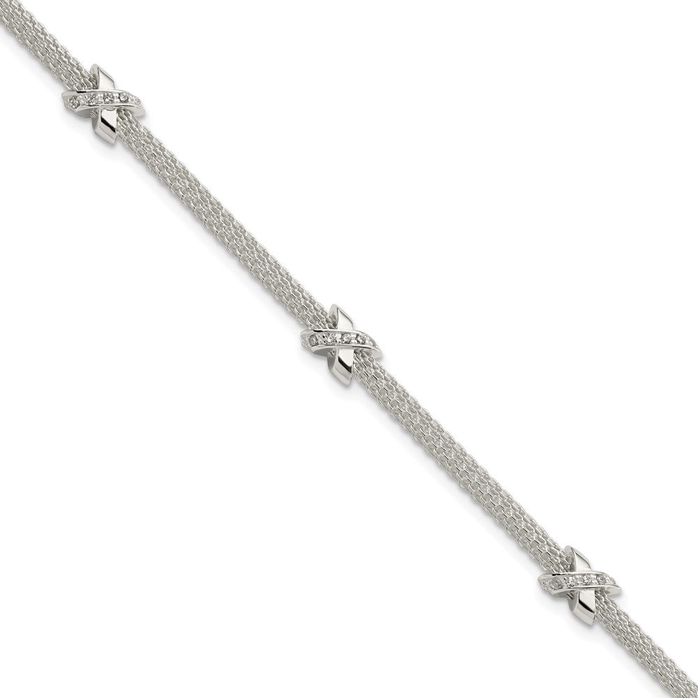7.25 Inch Sterling Silver Rhodium-Plated Polished Cz Xs W/ 1In Ext Bracelet