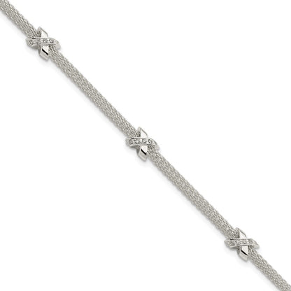 7.25 Inch Sterling Silver Rhodium-Plated Polished Cz Xs W/ 1In Ext Bracelet