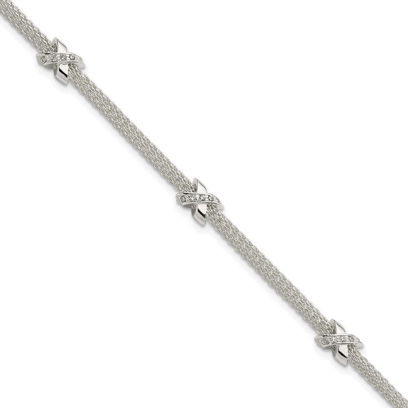 7.25 Inch Sterling Silver Rhodium-Plated Polished Cz Xs W/ 1In Ext Bracelet