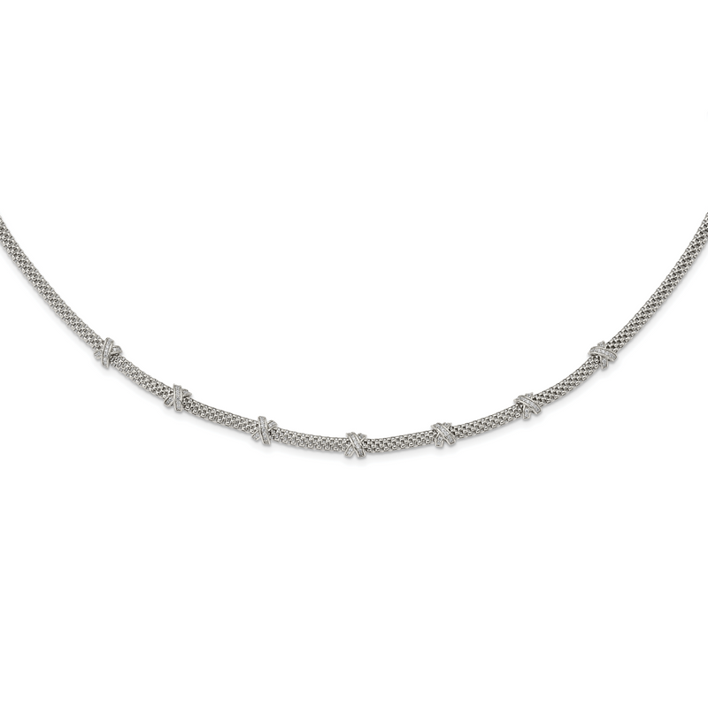 Sterling Silver Rhodium-Plated Polished Cz X'S Necklace