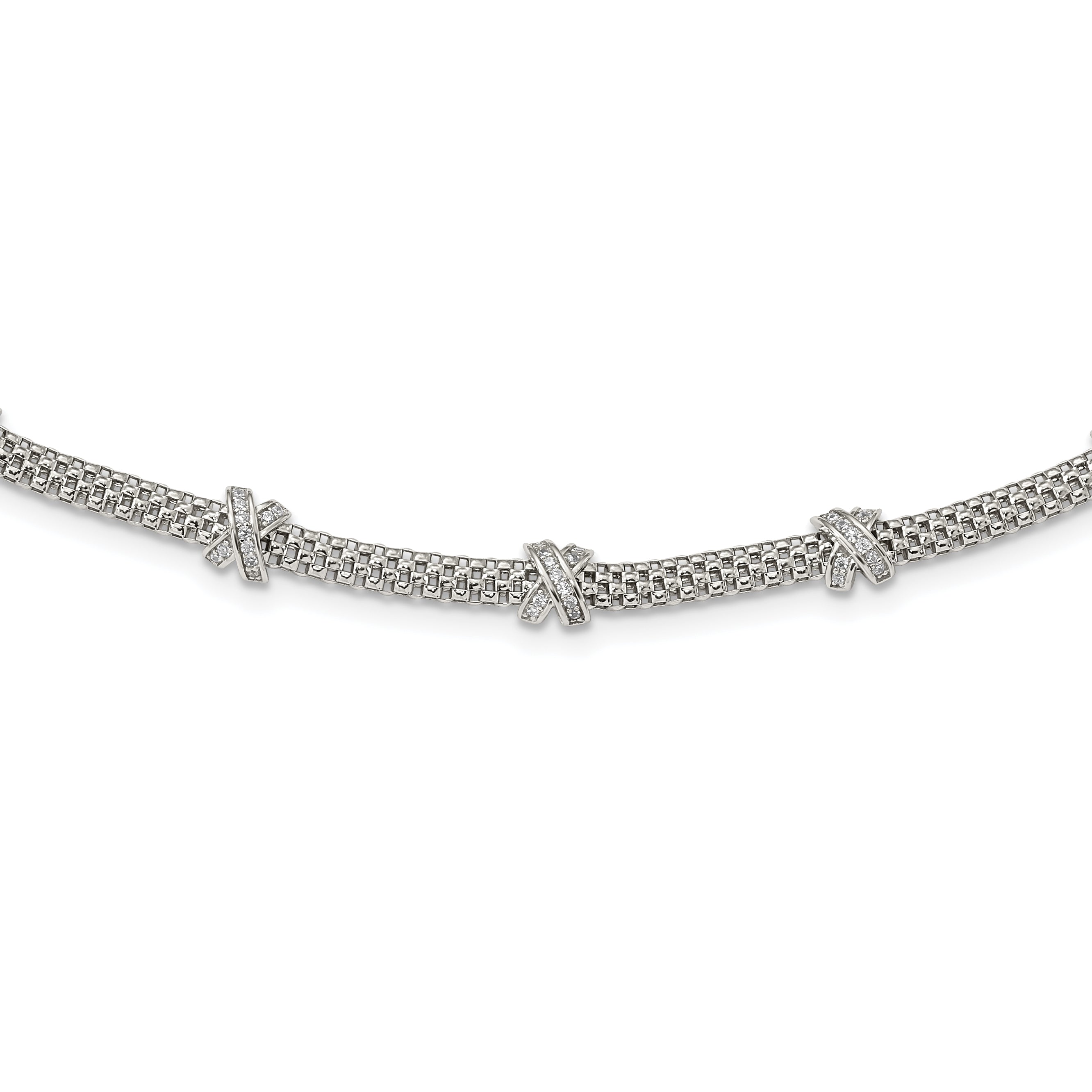 Sterling Silver Rhodium-Plated Polished Cz X'S Necklace