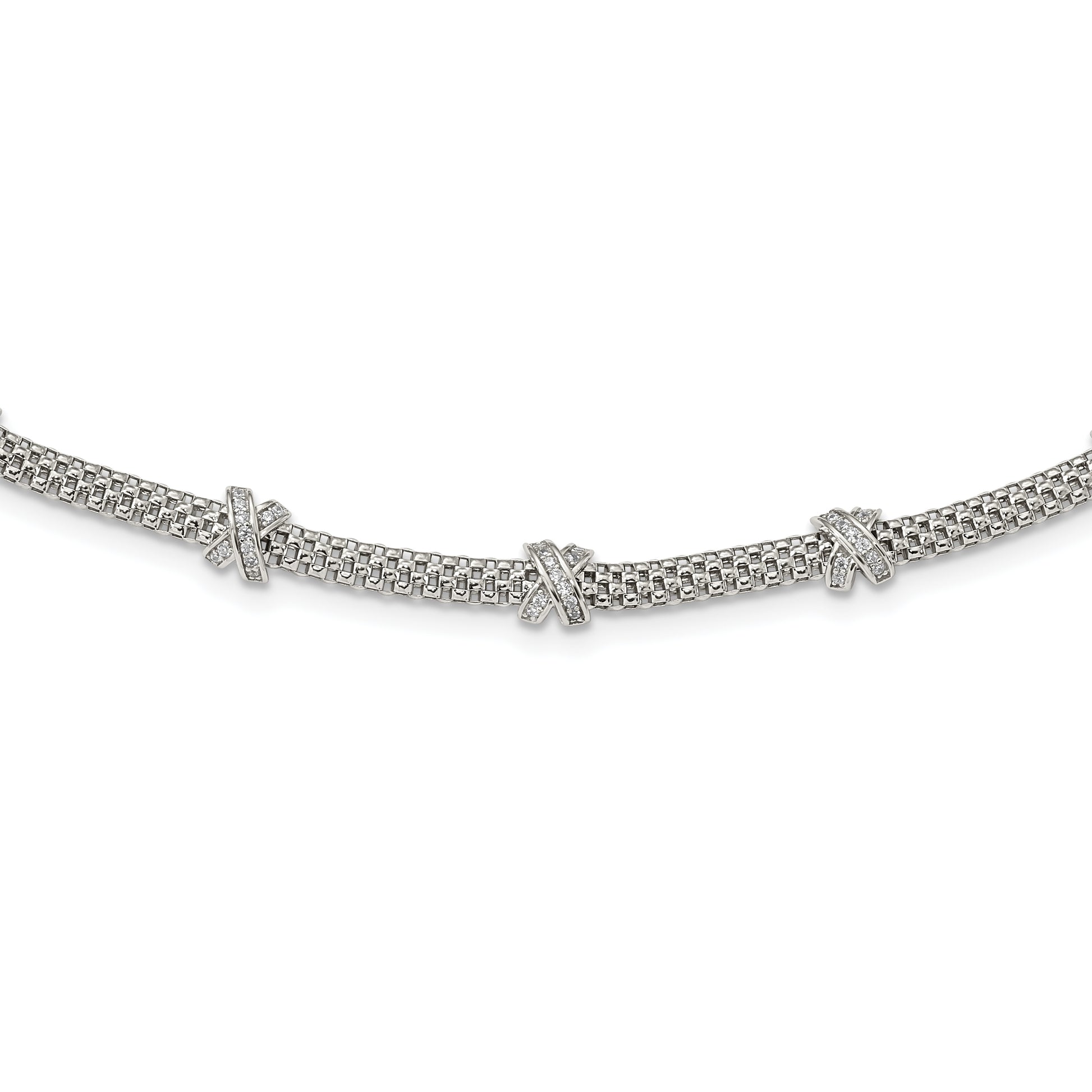 Sterling Silver Rhodium-Plated Polished Cz X'S Necklace