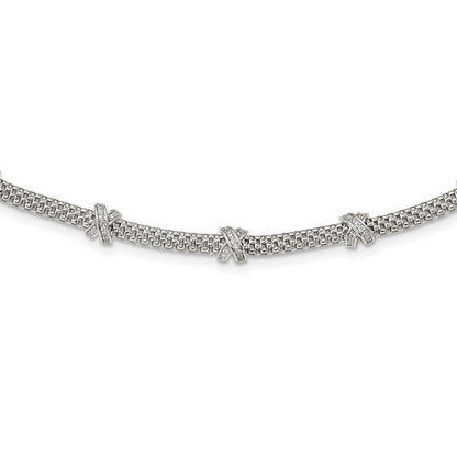 Sterling Silver Rhodium-Plated Polished Cz X'S Necklace