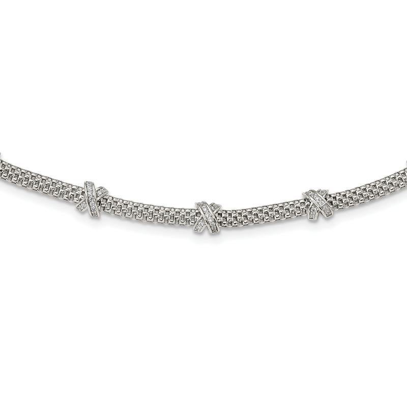 Sterling Silver Rhodium-Plated Polished Cz X'S Necklace