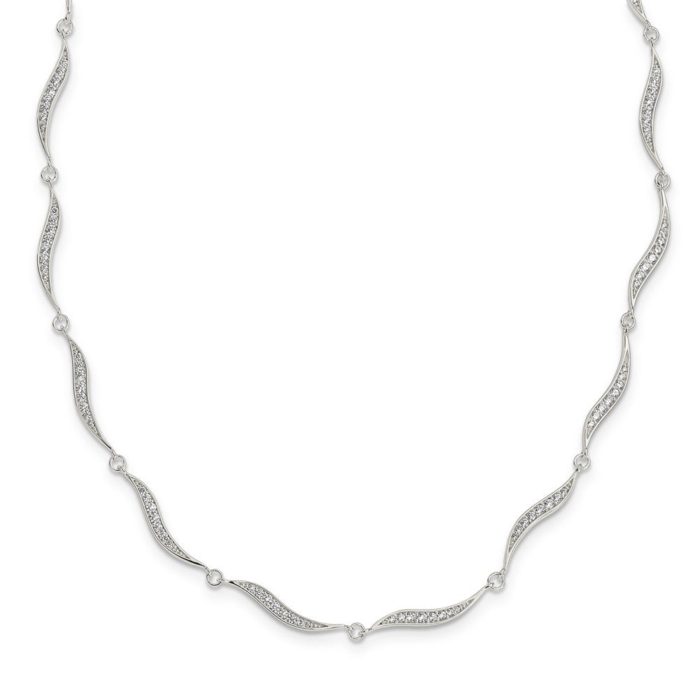 Sterling Silver Wavy Link Cz W/ Ext Chain Necklace