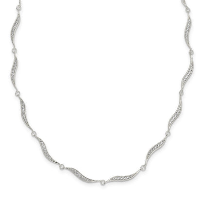 Sterling Silver Wavy Link Cz W/ Ext Chain Necklace