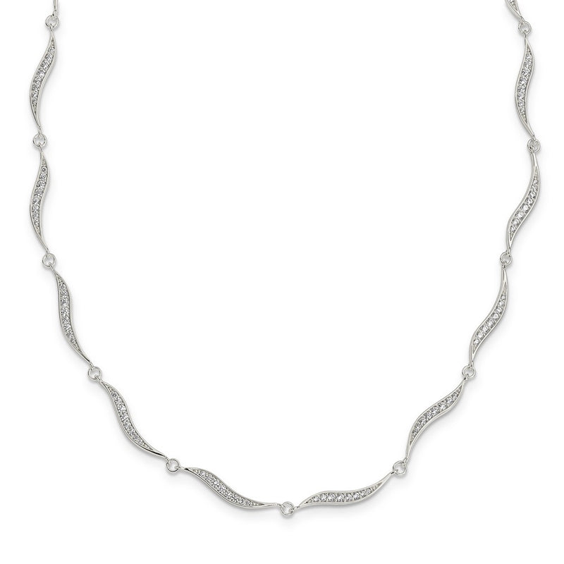 Sterling Silver Wavy Link Cz W/2.25 In Ext Necklace