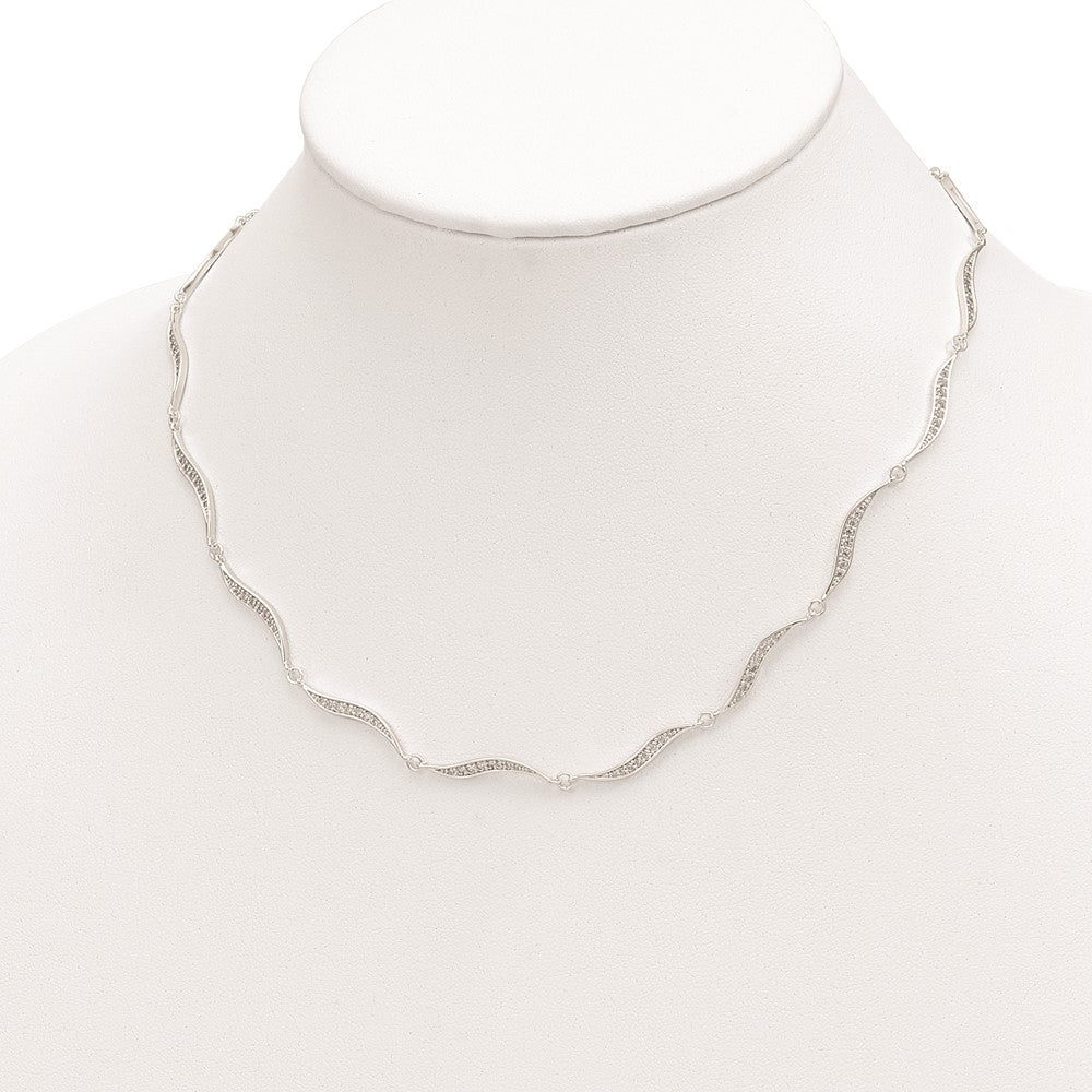 Sterling Silver Wavy Link Cz W/ Ext Chain Necklace