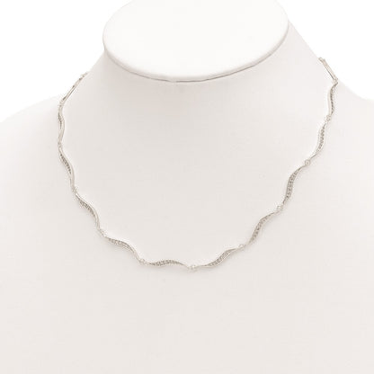 Sterling Silver Wavy Link Cz W/ Ext Chain Necklace