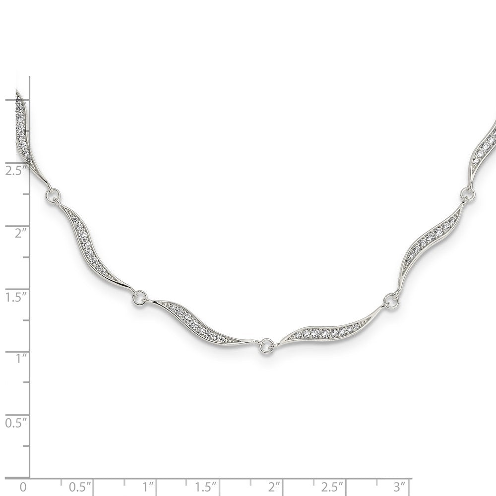 Sterling Silver Wavy Link Cz W/ Ext Chain Necklace