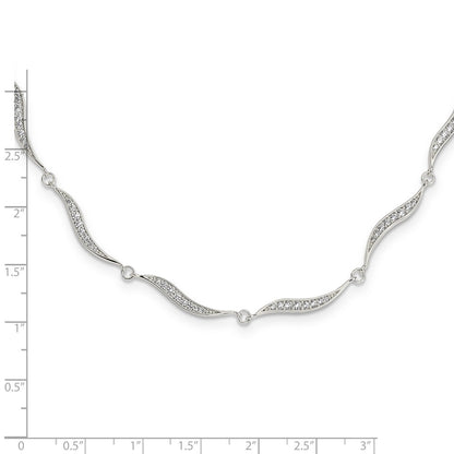 Sterling Silver Wavy Link Cz W/ Ext Chain Necklace