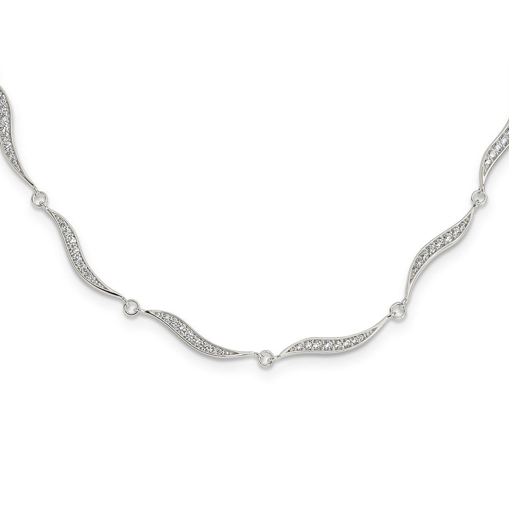 Sterling Silver Wavy Link Cz W/ Ext Chain Necklace