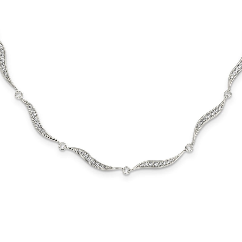 Sterling Silver Wavy Link Cz W/2.25 In Ext Necklace