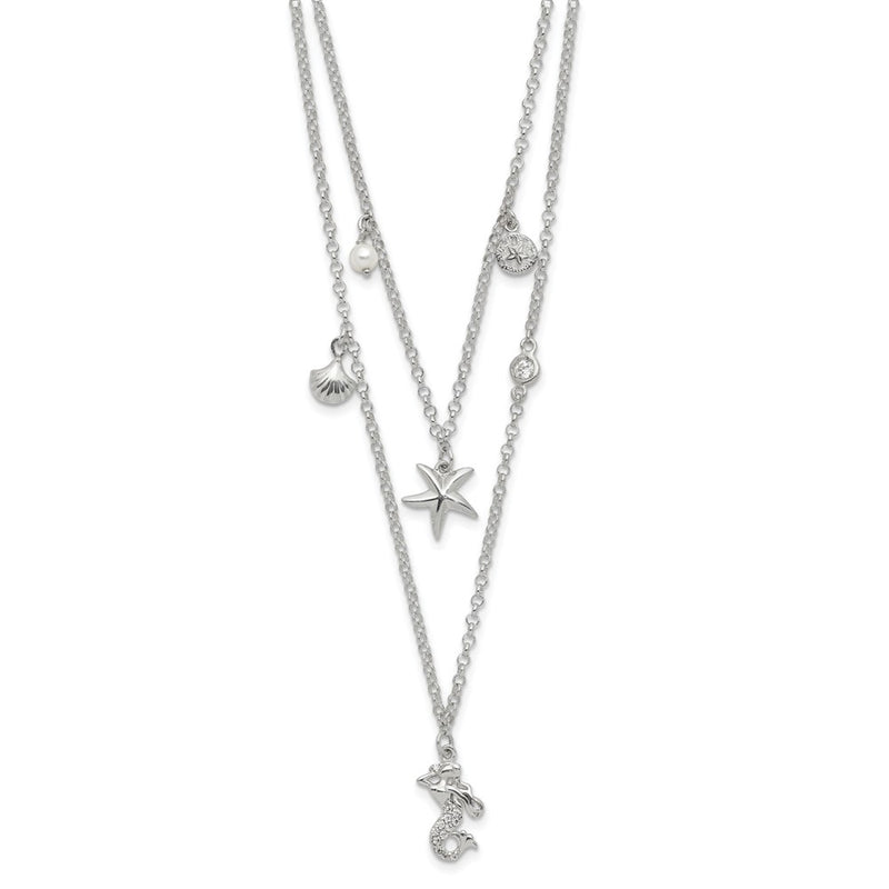 Sterling Silver Cz 7 Imitation Pearl Beach Theme 2-Strand Necklace