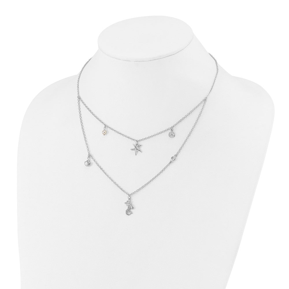Sterling Silver Cz 7 Imitation Pearl Beach Theme 2-Strand Necklace