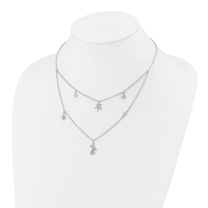 Sterling Silver Cz 7 Imitation Pearl Beach Theme 2-Strand Necklace