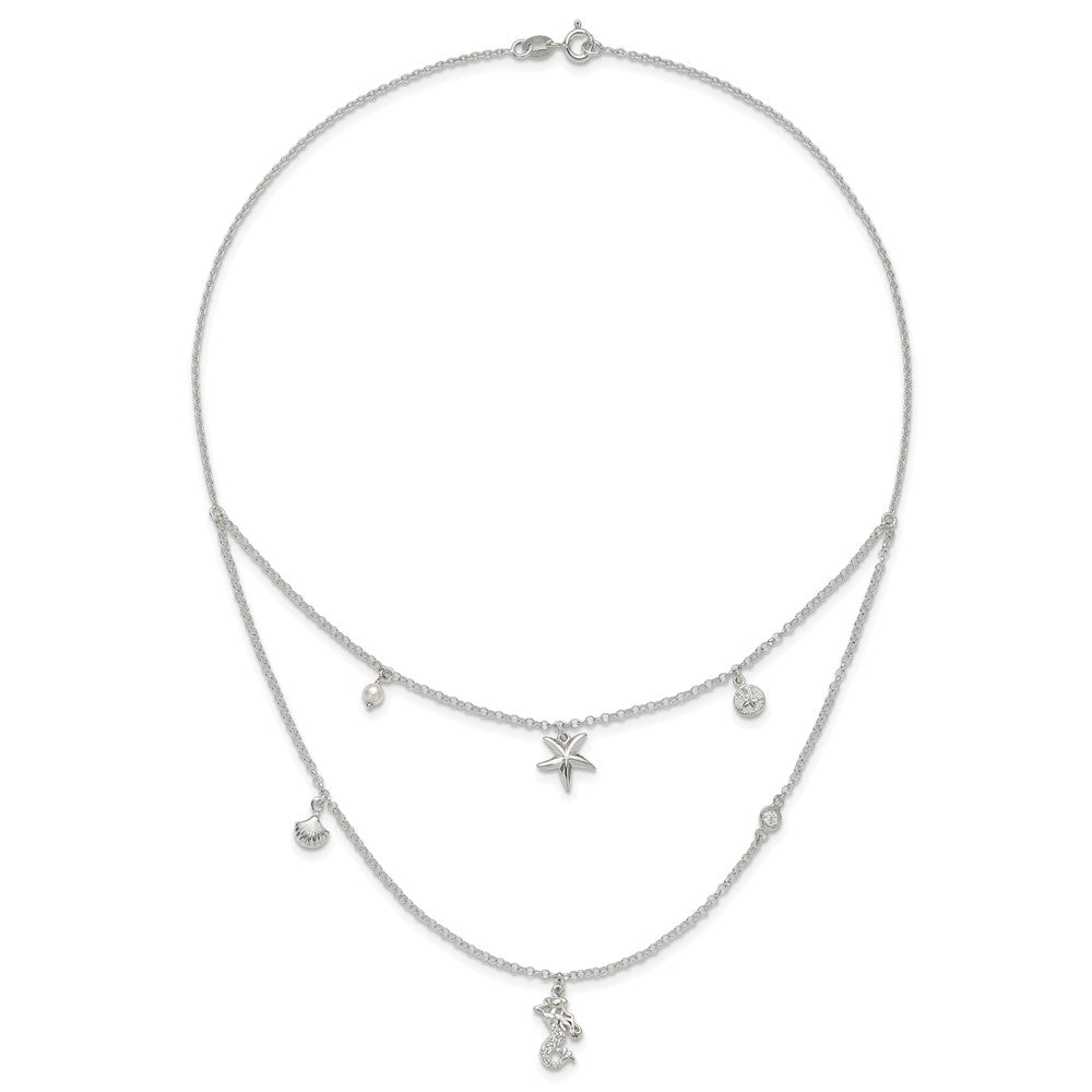 Sterling Silver Cz 7 Imitation Pearl Beach Theme 2-Strand Necklace