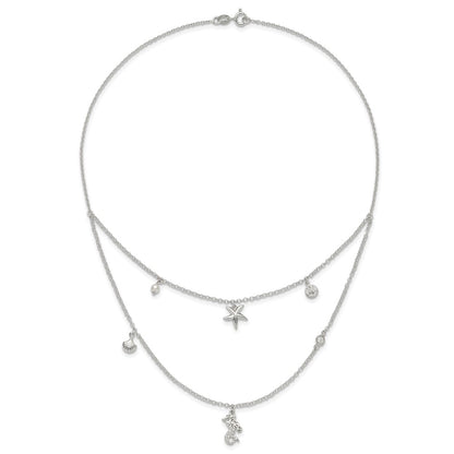 Sterling Silver Cz 7 Imitation Pearl Beach Theme 2-Strand Necklace