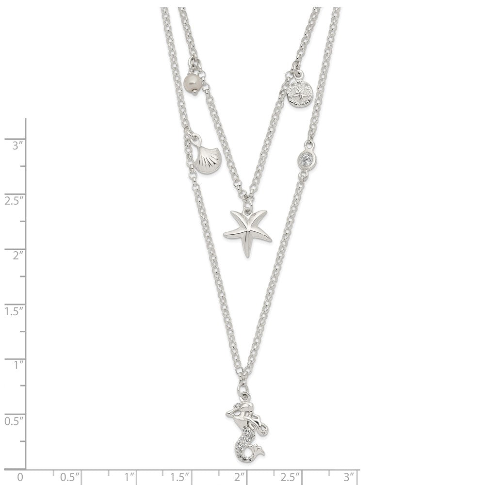 Sterling Silver Cz 7 Imitation Pearl Beach Theme 2-Strand Necklace
