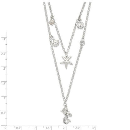 Sterling Silver Cz 7 Imitation Pearl Beach Theme 2-Strand Necklace