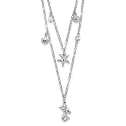 Sterling Silver Cz 7 Imitation Pearl Beach Theme 2-Strand Necklace