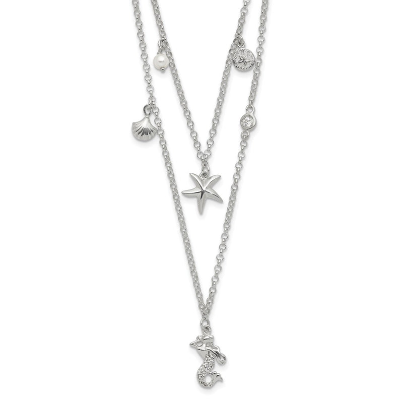 Sterling Silver Cz 7 Imitation Pearl Beach Theme 2-Strand Necklace