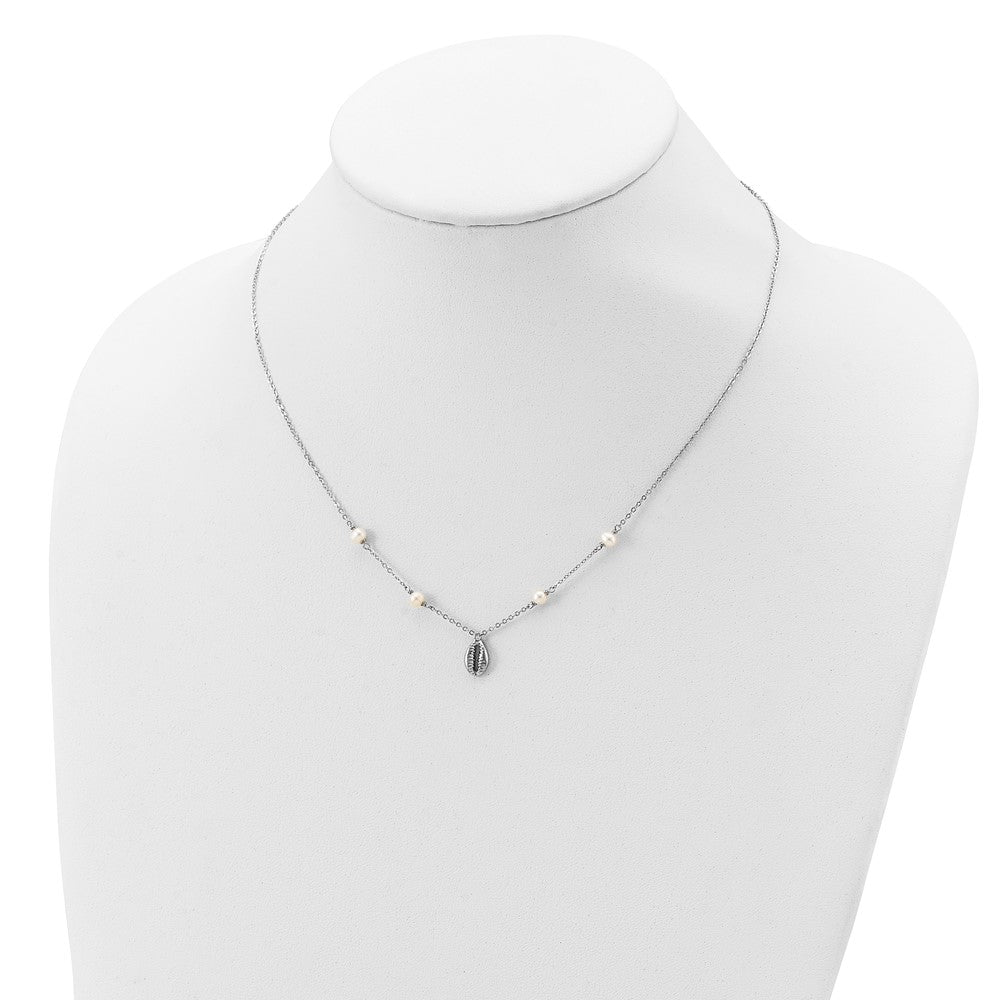 Sterling Silver Rhodium-Plated Cowrie Shell & Fw Cultured Pearl Necklace