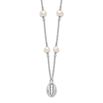 Sterling Silver Rhodium-Plated Cowrie Shell & Fw Cultured Pearl Necklace