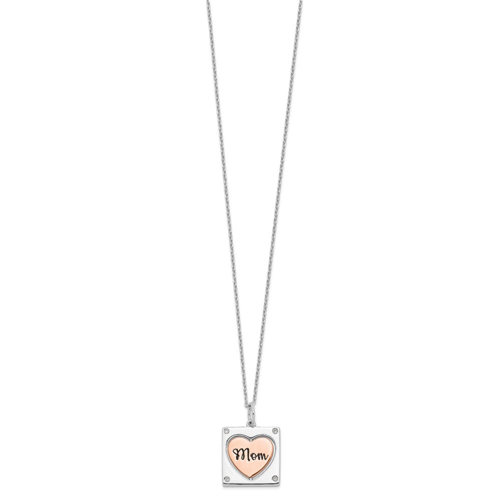 Sterling Silver Rh-Plated Rose-Tone Mom/Love Heart Center Spins Cz W/2In Ex