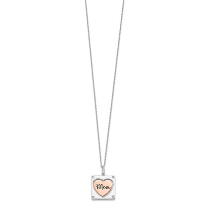 Sterling Silver Rh-Plated Rose-Tone Mom/Love Heart Center Spins Cz W/2In Ex