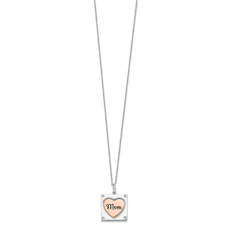 Sterling Silver Rh-Plated Rose-Tone Mom/Love Heart Center Spins Cz W/2In Ex