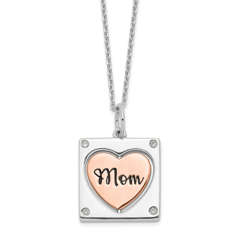Sterling Silver Rh-Plated Rose-Tone Mom/Love Heart Center Spins Cz W/2In Ex