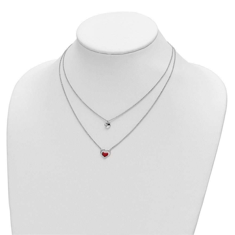 Sterling Silver Rhodium-Plate Enamel Heart 2-Strand W/1In Ext Necklace