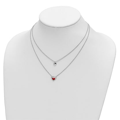 Sterling Silver Rhodium-Plate Enamel Heart 2-Strand W/1In Ext Necklace