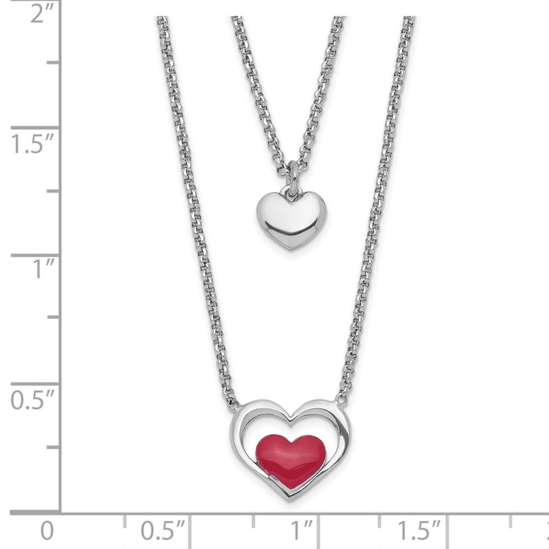 Sterling Silver Rhodium-Plate Enamel Heart 2-Strand W/1In Ext Necklace