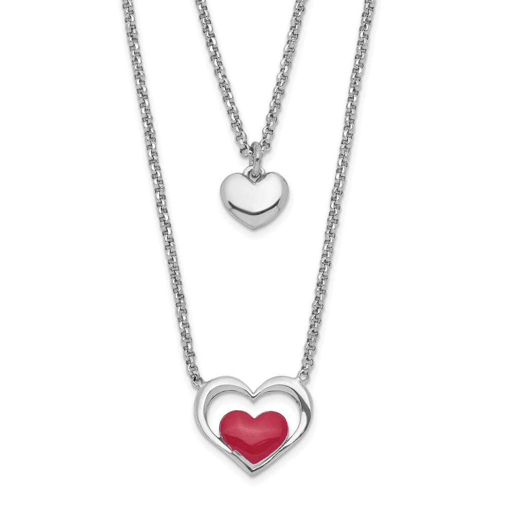 Sterling Silver Rhodium-Plate Enamel Heart 2-Strand W/1In Ext Necklace