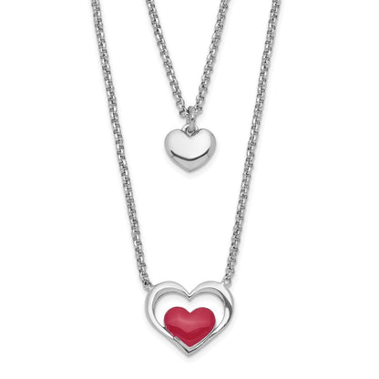 Sterling Silver Rhodium-Plate Enamel Heart 2-Strand W/1In Ext Necklace