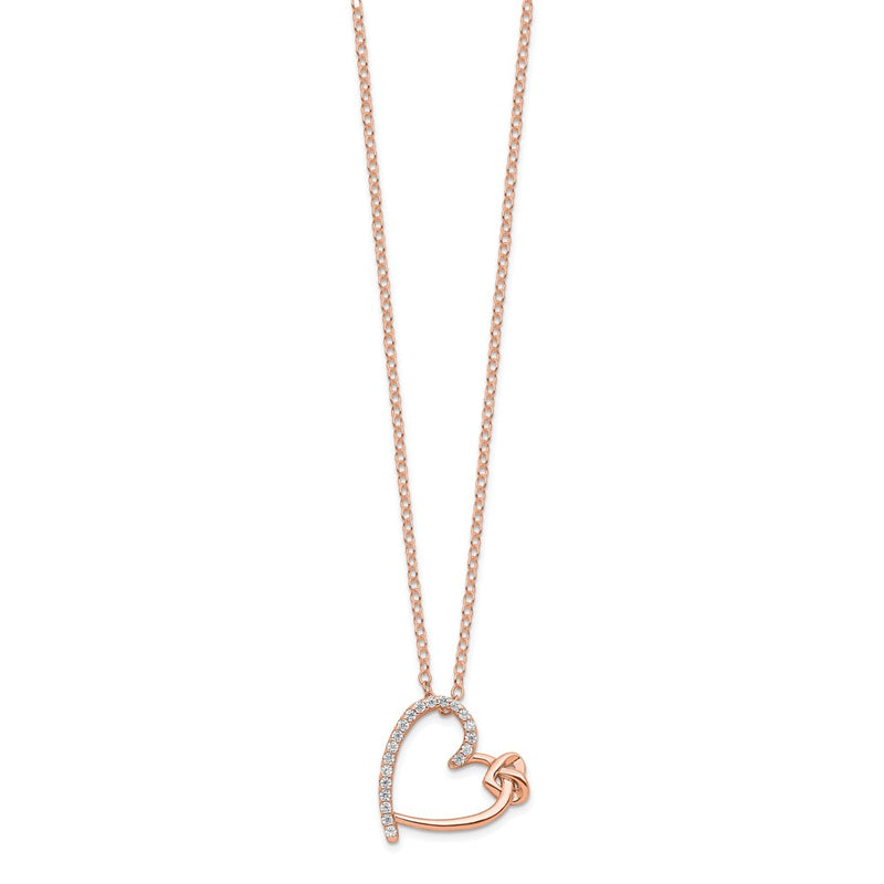 Sterling Silver Polished Rose-Tone Cz Heart 18In Necklace