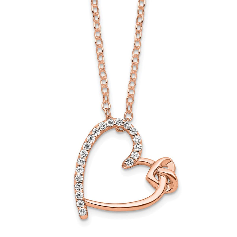 Sterling Silver Polished Rose-Tone Cz Heart 18In Necklace