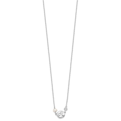 Sterling Silver Rhodium-Plated Cz Fw Cultured Pearl W/Hearts Necklace