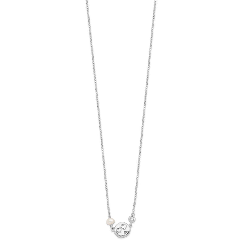 Sterling Silver Rhodium-Plated Cz Fw Cultured Pearl W/Hearts Necklace