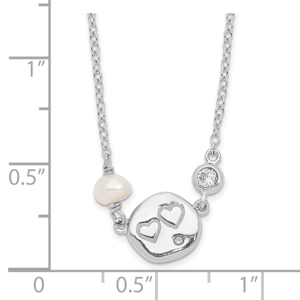 Sterling Silver Rhodium-Plated Cz Fw Cultured Pearl W/Hearts Necklace