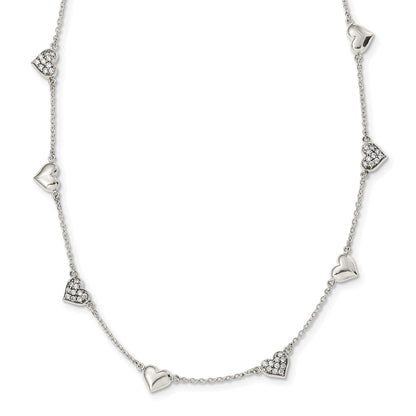 Sterling Silver Antiqued Cz Heart 17.5In W/2In Ext Necklace