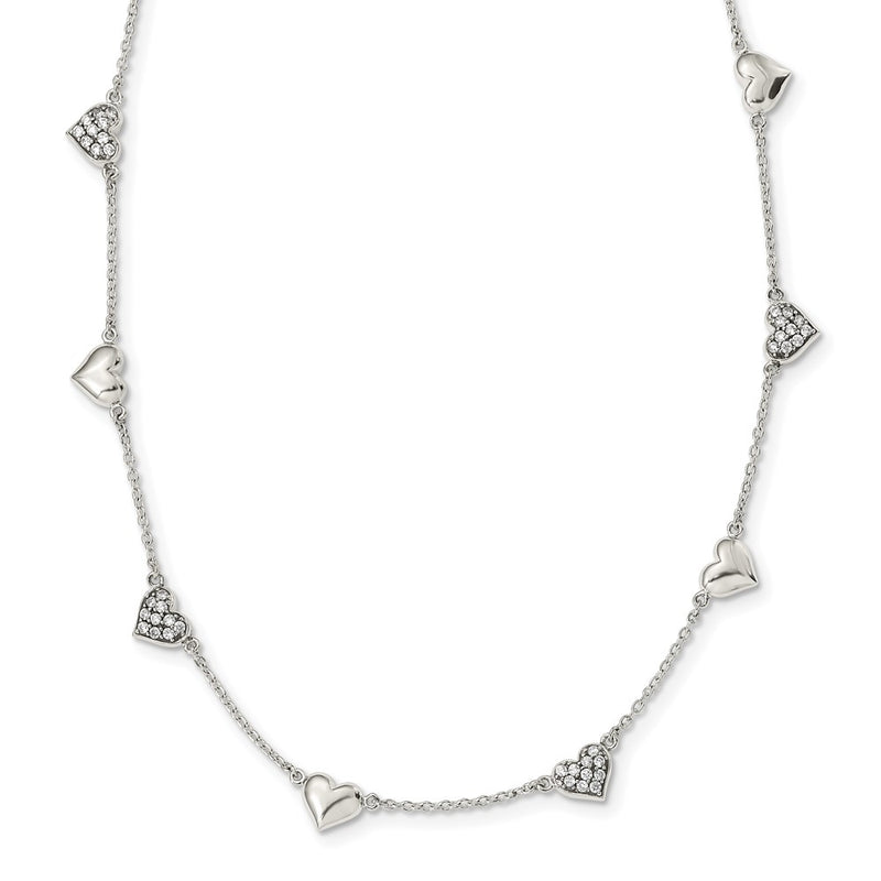 Sterling Silver Antiqued Cz Heart 17.5In W/2In Ext Necklace