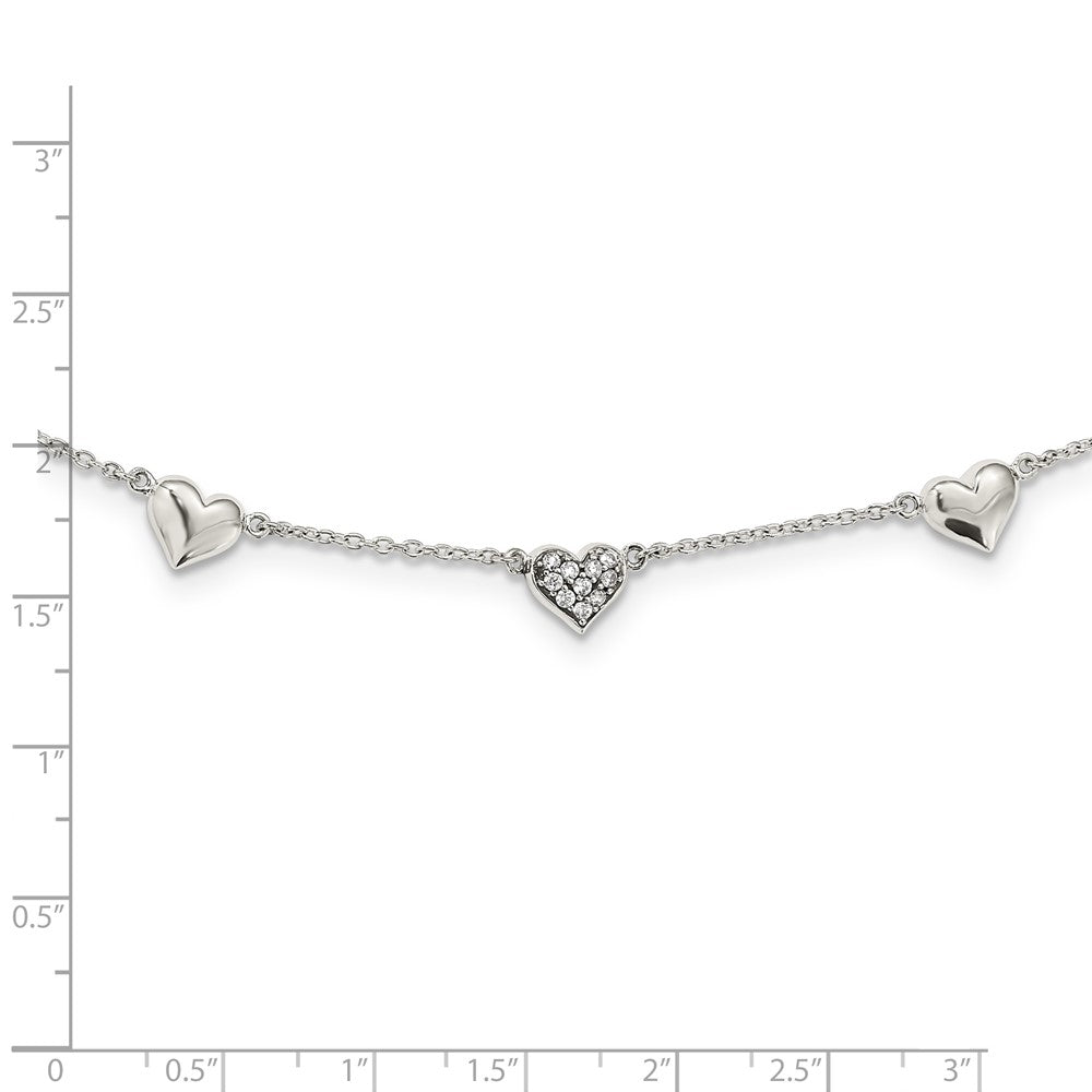 Sterling Silver Antiqued Cz Heart 17.5In W/2In Ext Necklace