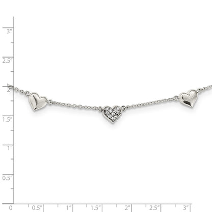 Sterling Silver Antiqued Cz Heart 17.5In W/2In Ext Necklace