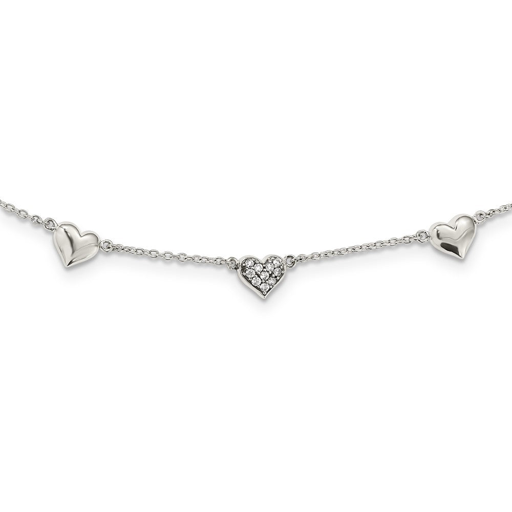 Sterling Silver Antiqued Cz Heart 17.5In W/2In Ext Necklace